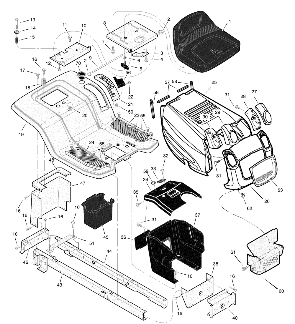 Chassis And Hood Diagram and Parts List for 425604X99A 2004 Briggs and Stratton Lawn Tractor